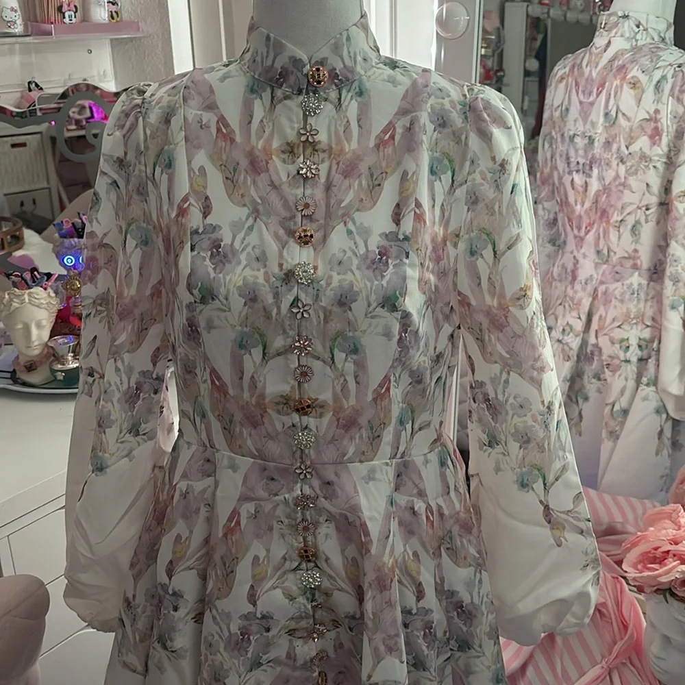 Women's Floral Print Dress Stand Collar Long Sleeve and floral Belt. - Picture 4 of 7